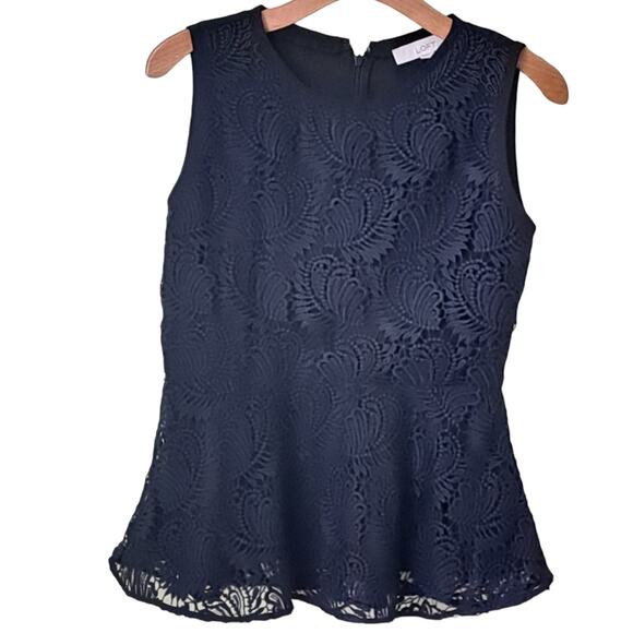 Ann Taylor Loft Navy  Sleeveless Crochet Peplum Top Lined Size 0 New With Tags - Picture 1 of 10
